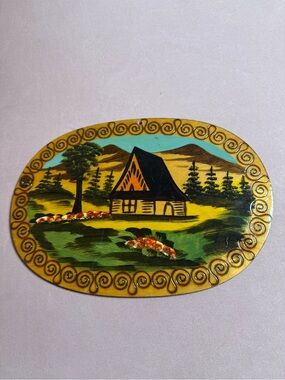 Vintage Polish Cabin Scene 70-80s Folk Art Handcrafted Pyrography ANDRZEJ KOZERA
